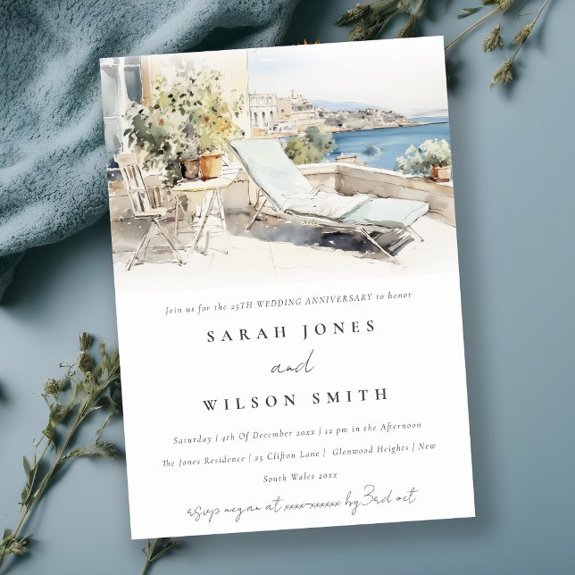 Curfu Greece Watercolor Wedding Anniversary Invitation (Creator Uploaded)
