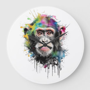 Curious and colorful chimpanzee large clock