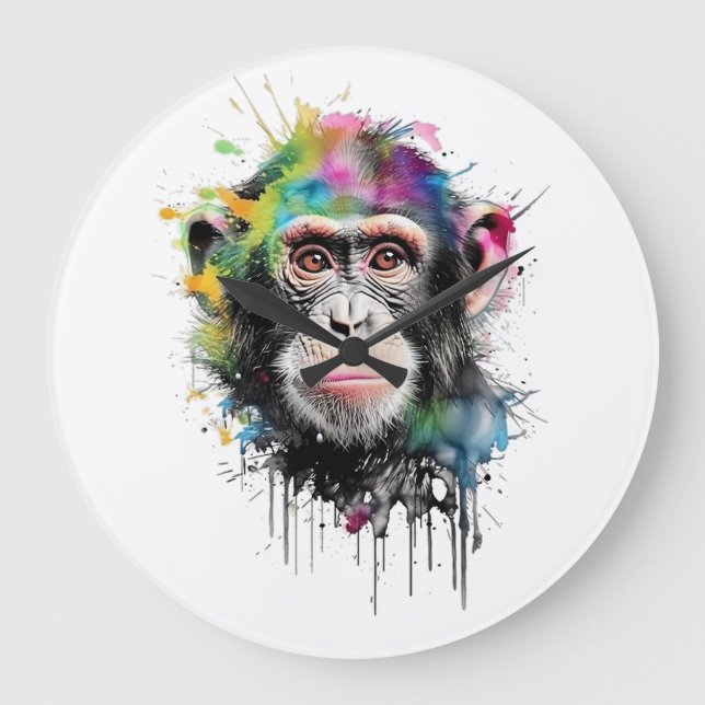 Curious and colorful chimpanzee large clock (Front)