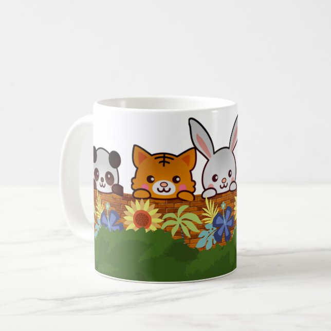 Curious Animals in a Playful Garden Scene Coffee Mug (Front Left)