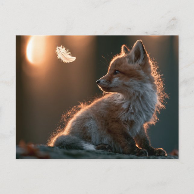 Curious Baby Fox Watching a Floating Feather  Postcard (Front)