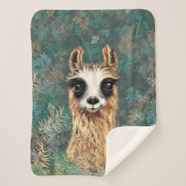 Curious Baby Llama - Cute Sherpa Blanket (Front)