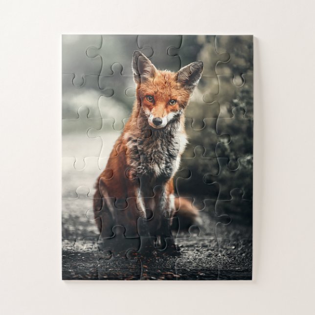 Curious Big Red and White Fox Sitting in Nature Jigsaw Puzzle (Vertical)