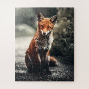 Curious Big Red and White Fox Sitting in Nature Jigsaw Puzzle