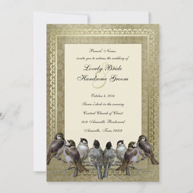 Curious Birds Fancy Gold Vintage Wedding Invite (Front)