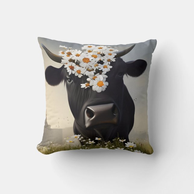 Curious Black Angus Cow Pillow (Front)