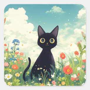 Curious Black Cat Among Colourful Blossoms Square Sticker