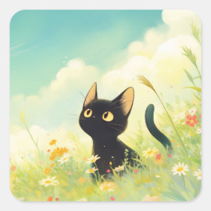 Curious Black Cat in Blooming Fields Square Sticker