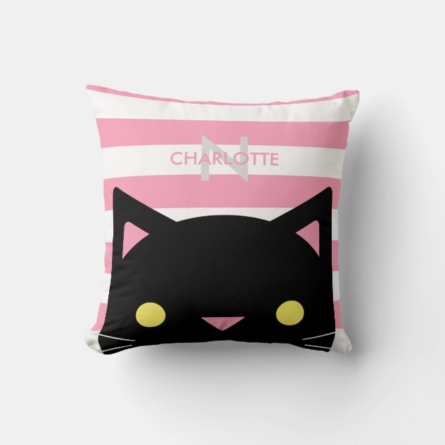 Curious Black Cat | Stripes | Monogram Cushion (Front)