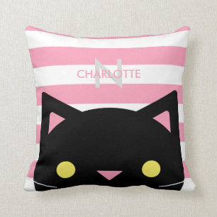 Curious Black Cat Stripes Monogram Cushion
