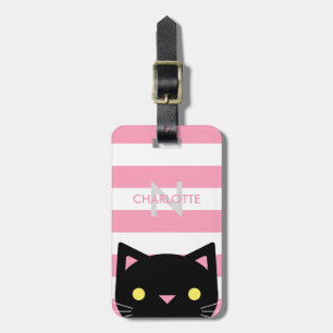Curious Black Cat Stripes Monogram Luggage Tag