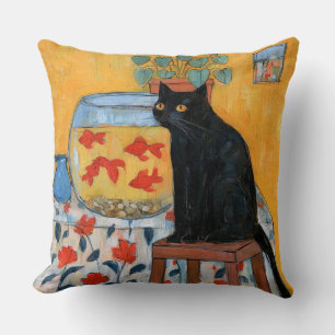 Curious Black Cat Watching Fishbowl Cushion