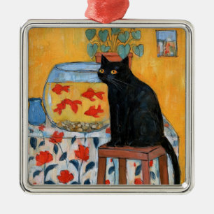 Curious Black Cat Watching Fishbowl Metal Ornament