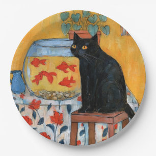 Curious Black Cat Watching Fishbowl Paper Plate