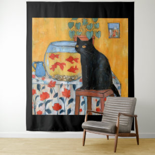 Curious Black Cat Watching Fishbowl Tapestry