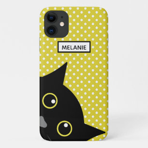 Curious Black Cat Yellow Polka Dot Personalised iPhone 11 Case