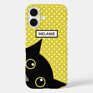 Curious Black Cat Yellow Polka Dot Personalised iPhone 16 Case