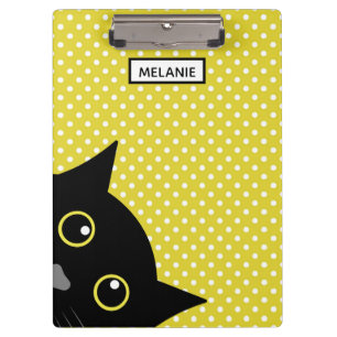 Curious Black Cat Yellow Polka Dot Personalised Clipboard