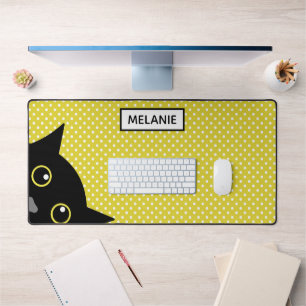 Curious Black Cat Yellow Polka Dot Personalised Desk Mat