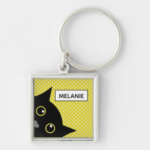 Curious Black Cat Yellow Polka Dot Personalised Key Ring