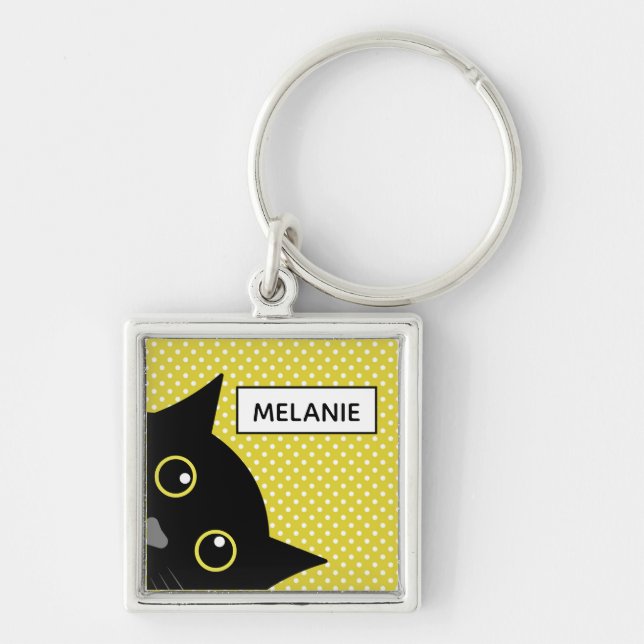 Curious Black Cat Yellow Polka Dot Personalised Key Ring (Front)