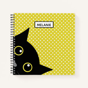 Curious Black Cat Yellow Polka Dot Personalised Notebook