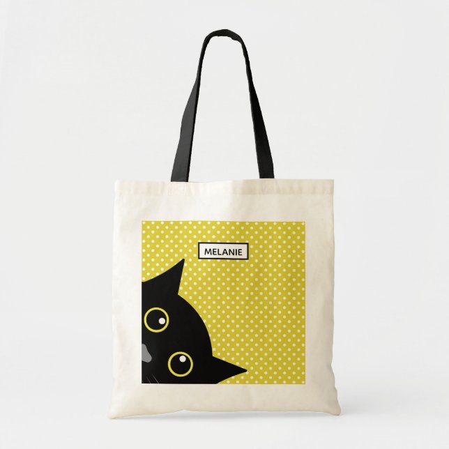 Curious Black Cat Yellow Polka Dot Personalised Tote Bag (Front)