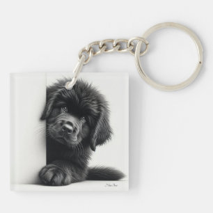 Curious Black Newfoundland Puppy Peeking Key Ring