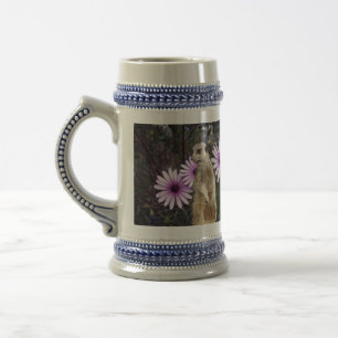 Curious Bloom: Meerkat Among Purple Daisies Beer Stein