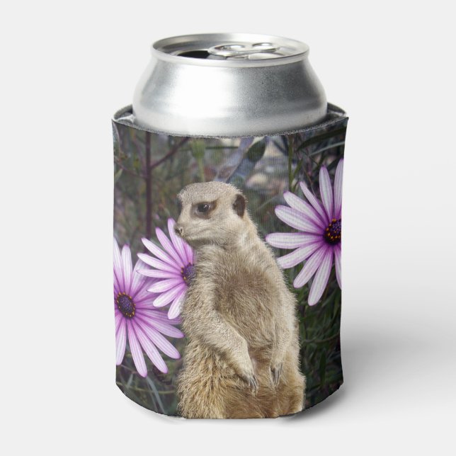 Curious Bloom: Meerkat Among Purple Daisies Can Cooler (Can Front)