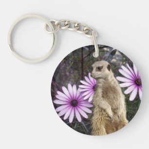 Curious Bloom: Meerkat Among Purple Daisies Key Ring
