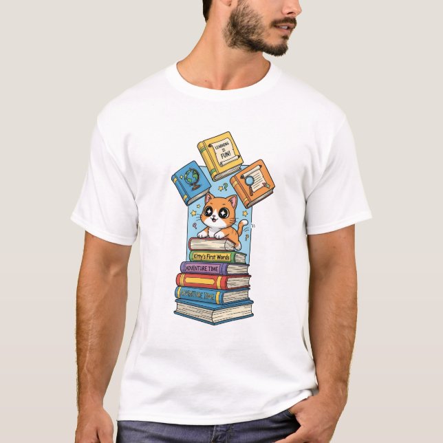 Curious Bookworm Kitten Illustration T-Shirt (Front)