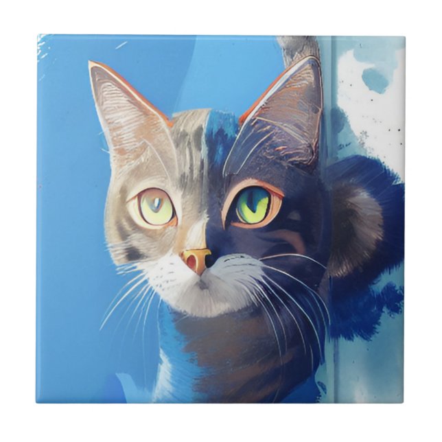 Curious cat abstract art from the blue ceramic tile (Front)