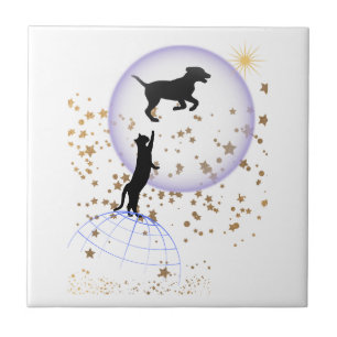 Curious cat and running dog ceramic tile