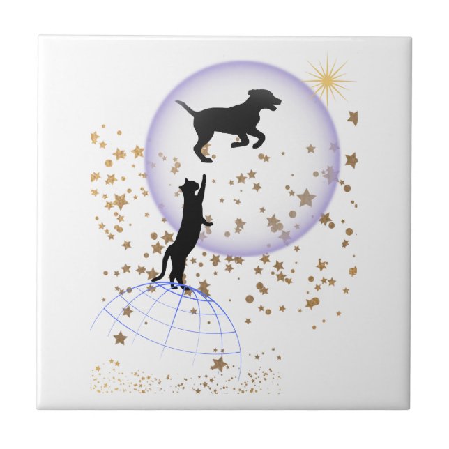 Curious cat and running dog ceramic tile (Front)