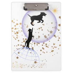 Curious cat and running dog clipboard