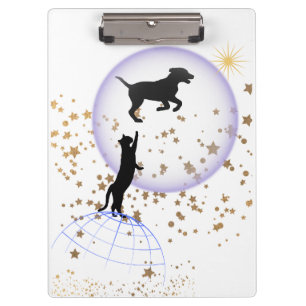 Curious cat and running dog clipboard