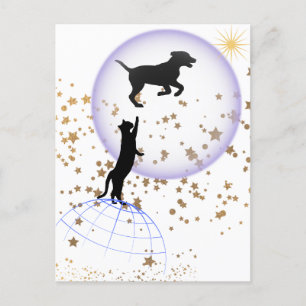 Curious cat and running dog holiday postcard
