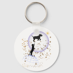 Curious cat and running dog key ring