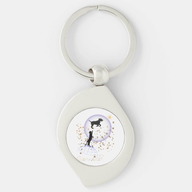 Curious cat and running dog key ring (Front)