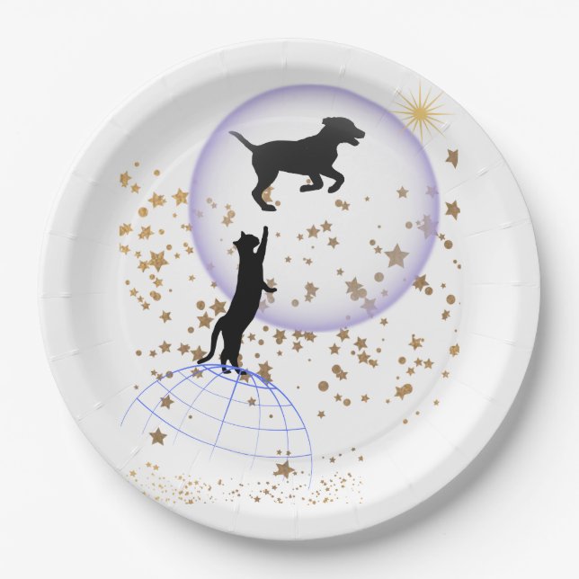Curious cat and running dog paper plate (Front)