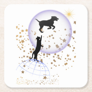 Curious cat and running dog square paper coaster