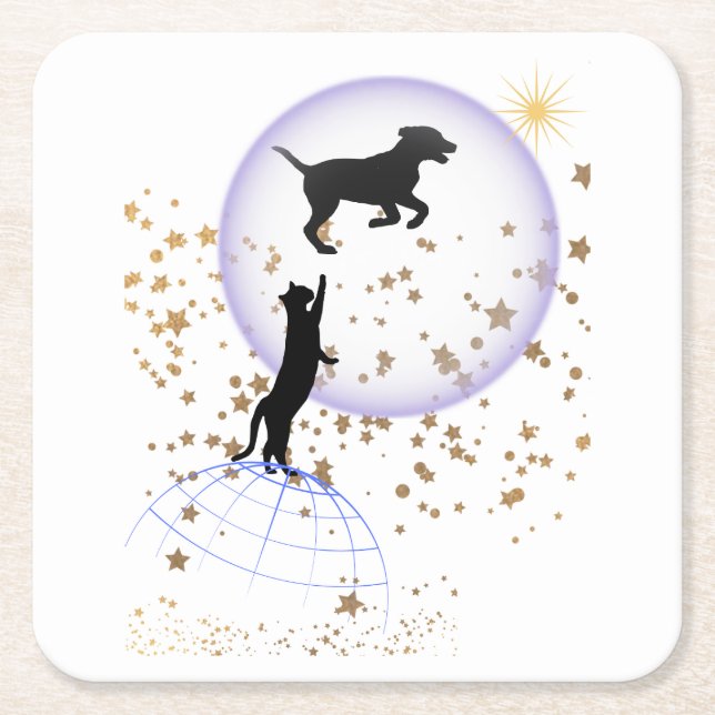 Curious cat and running dog square paper coaster (Front)