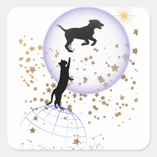 Curious cat and running dog square sticker (Front)