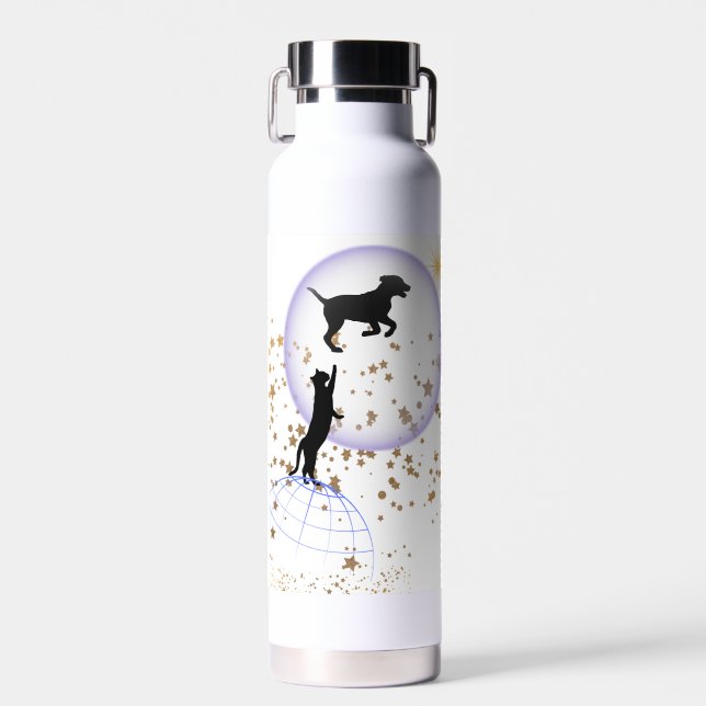 Curious cat and running dog water bottle (Front)