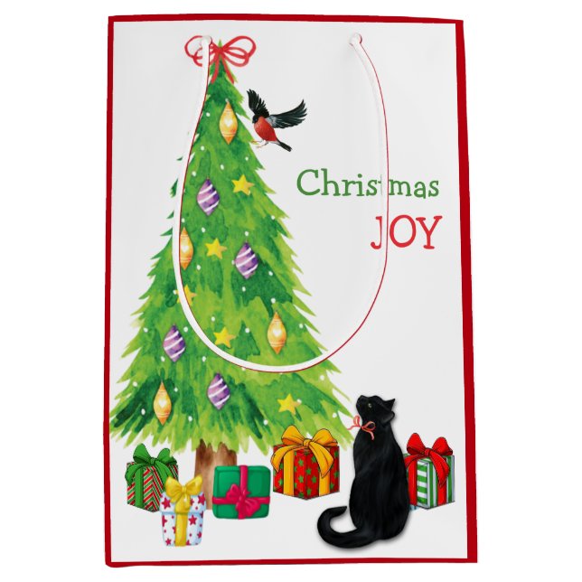 Curious Cat, Bird, and Christmas Tree Medium Gift Bag (Front)