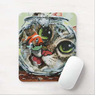 Curious Cat & Cautious Goldfish Mouse Pad