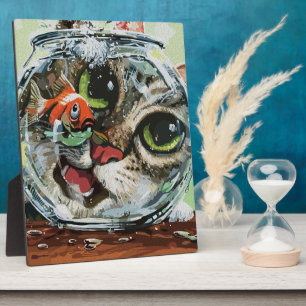 Curious Cat & Cautious Goldfish Plaque