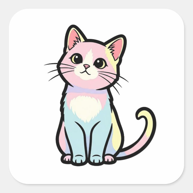 Curious Cat – Cute Kawaii Animal Illustration Square Sticker (Front)