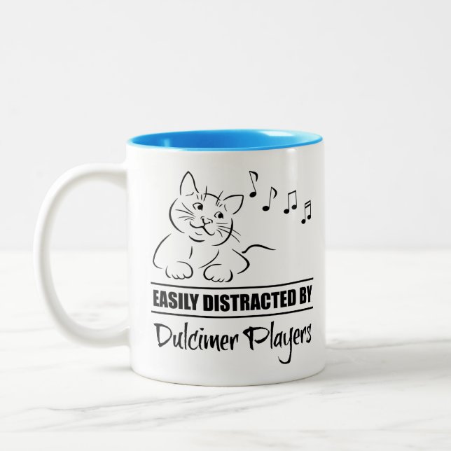 Curious Cat Easily Distracted by Dulcimer Players Two-Tone Coffee Mug (Left)